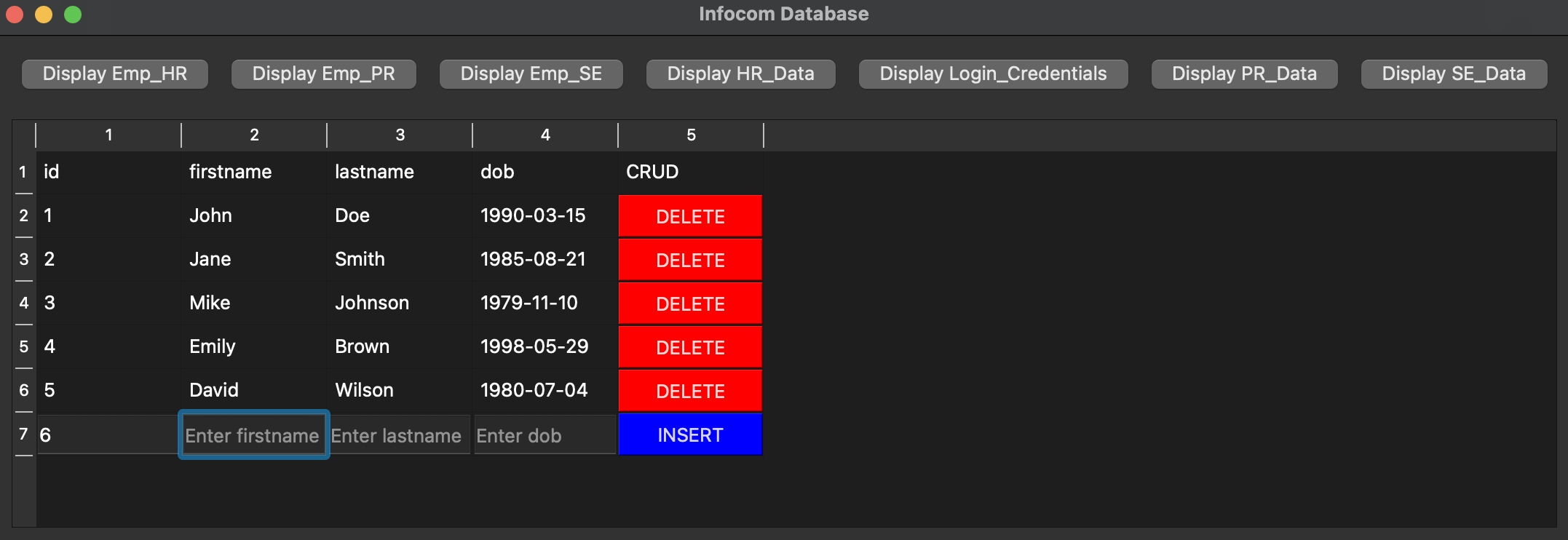 My user interface for a database access application